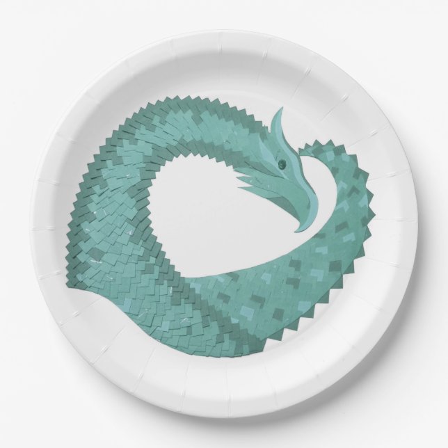 Sage green heart dragon on white paper plates (Front)