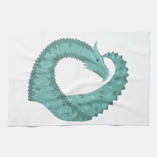 Sage green heart dragon on white towel (Horizontal)
