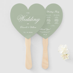 Sage Green Heart Elegant Script Wedding Program Ha Hand Fan