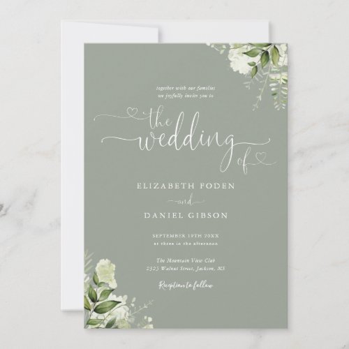 Sage Green Heart Script Foliage Photo Wedding Invitation