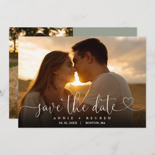 Sage Green Heart Script Photo Wedding QR Code Save The Date