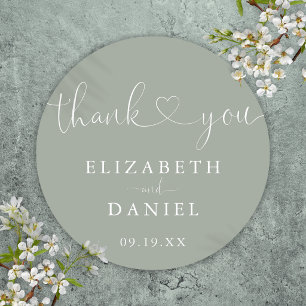 Sage Green Heart Script Thank You Wedding Favor Classic Round Sticker