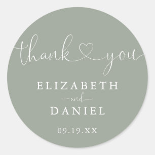 Sage Green Heart Script Thank You Wedding Favor Classic Round Sticker