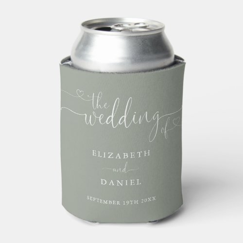 Sage Green Heart Script Wedding Can Cooler