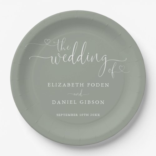 Sage Green Heart Script Wedding Paper Plates