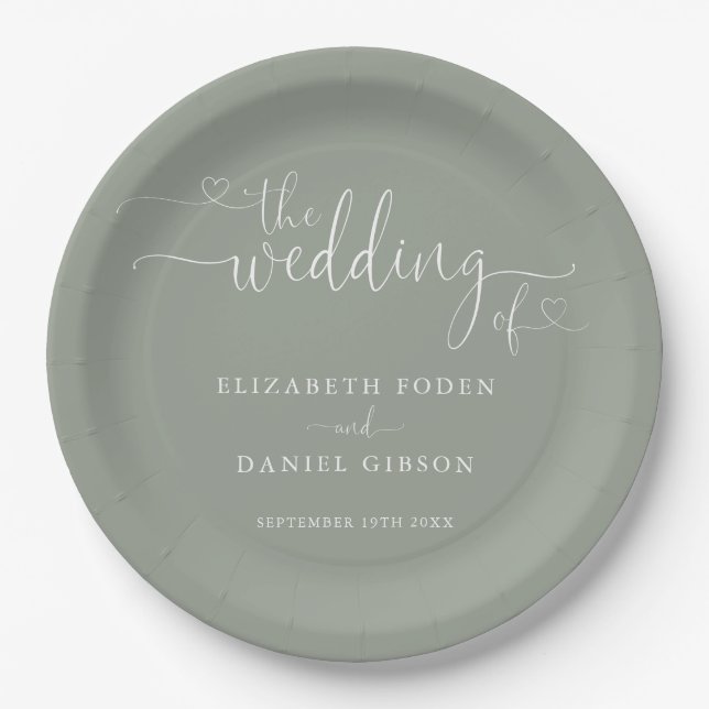 Sage Green Heart Script Wedding Paper Plates (Front)