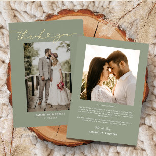 Sage Green Heart Script Wedding Photo Thank You Foil Invitation