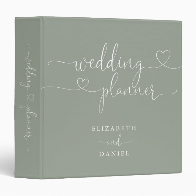 Sage Green Heart Script Wedding Planner 3 Ring Binder (Front/Spine)