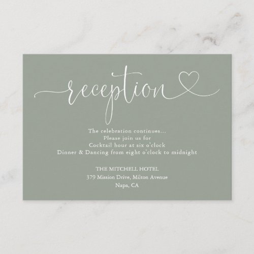 Sage Green Heart Script Wedding Reception Enclosure Card