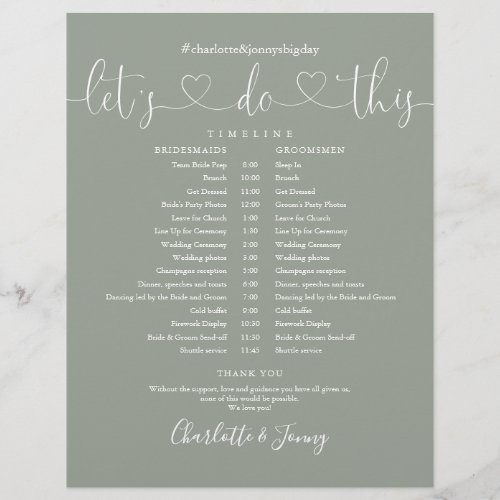 Sage Green Heart Script Wedding Schedule Timeline