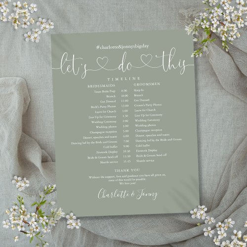 Sage Green Heart Script Wedding Schedule Timeline