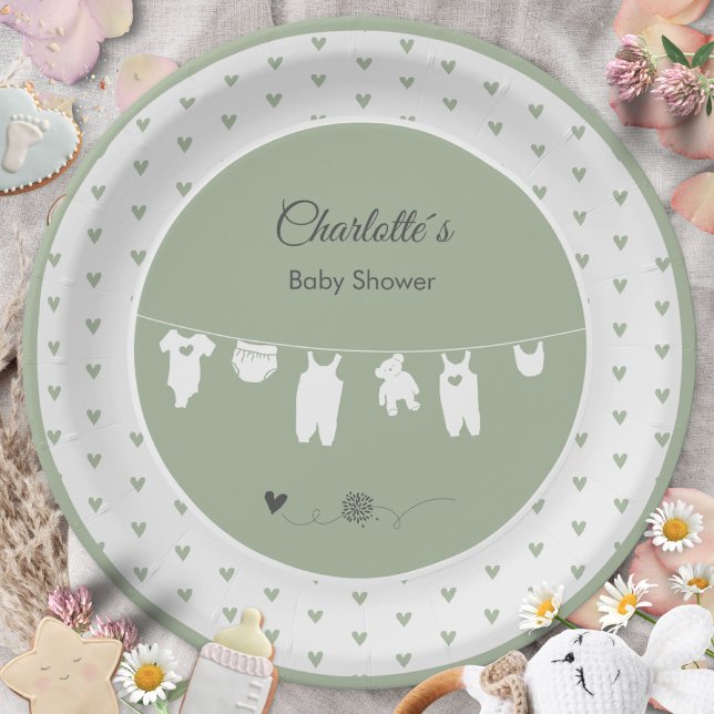 Sage Green Hearts Boho Gender Neutral Baby Shower  Paper Plates (Sage Green Hearts Boho Gender Neutral Baby Shower Paper Plates ©Susanne Sachers - Sunny Mind 🌞)