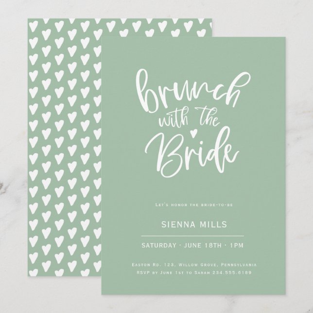 Sage Green Hearts Calligraphy Bridal Brunch Invitation (Front/Back)