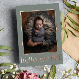 Sage Green Hello World Photo Birth Announcement