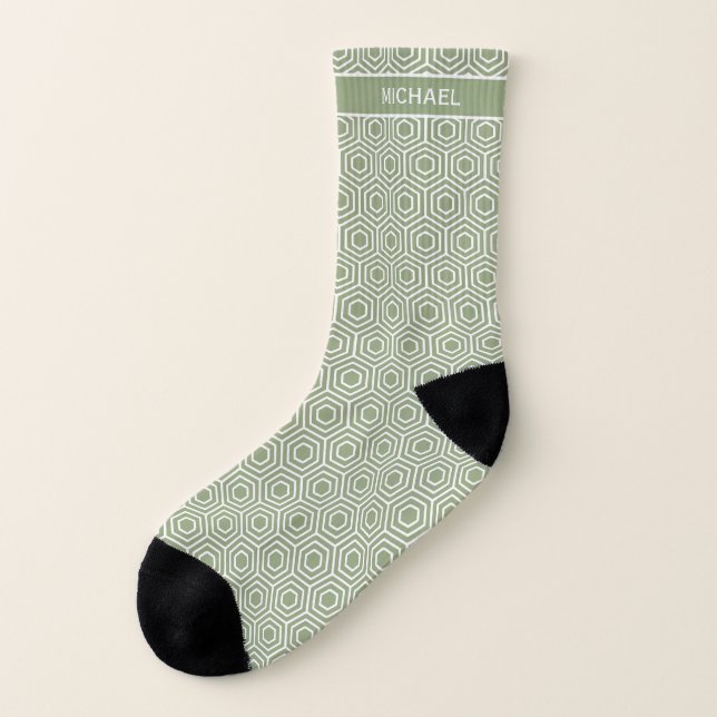 Sage Green Hexagon Honeycomb Pattern Name Socks (Left Outside)