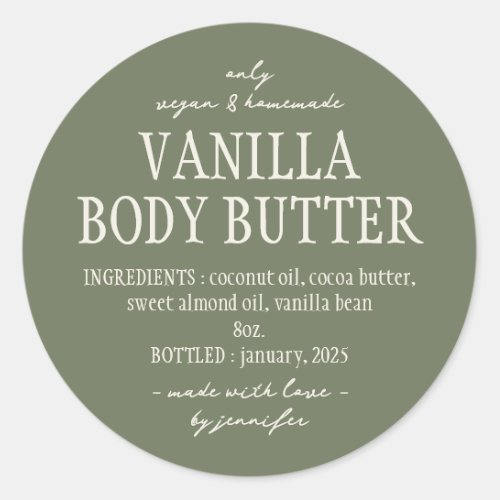 Sage Green Homemade Vanilla Body Butter Ingredient Classic Round Sticker