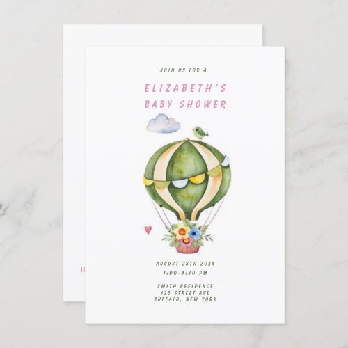 Sage Green Hot Air Balloon Floral Girl Baby Shower Invitation