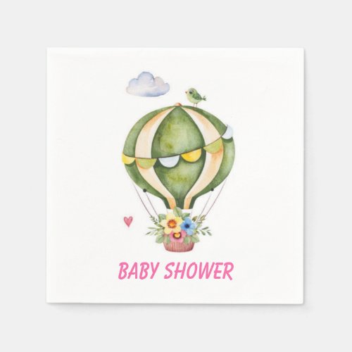 Sage Green Hot Air Balloon Floral Girl Baby Shower Napkins