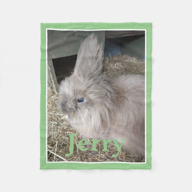 Sage Green House Rabbit Photo and Name Fleece Blanket (Front)