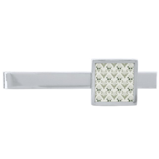 Sage Green Hydrangea & Fern Silver Finish Tie Bar (Front)