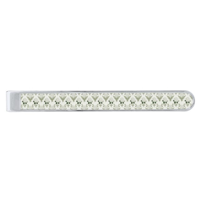 Sage Green Hydrangea & Fern  Silver Finish Tie Bar (Front)