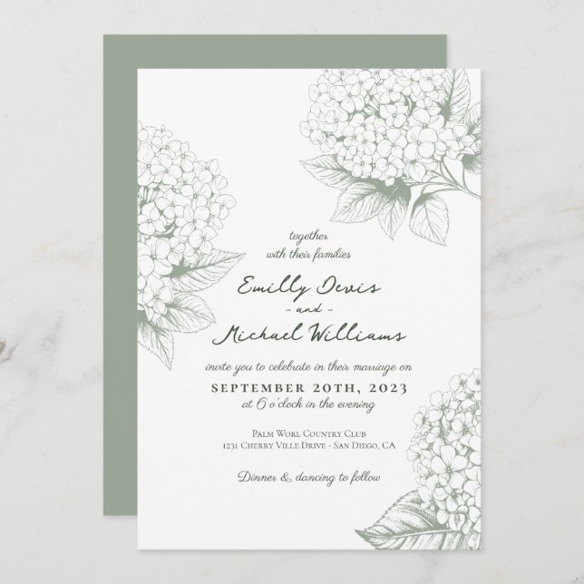 Sage green Hydrangea Floral Wedding Invitation (Front/Back)