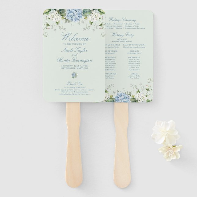 Sage  Green Hydrangea Wedding Ceremony Program Hand Fan (Front and Back)