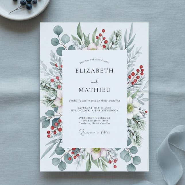 Sage Green Icy Pine Winter Wedding Invitation (Creator Uploaded)