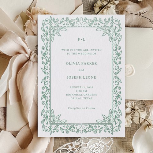 Sage Green Illustrated Botanical Frame | Wedding Letterpress Invitation