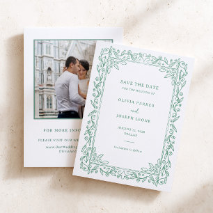 Sage Green Illustrated Garden Frame Save the Date Letterpress Photo Cards