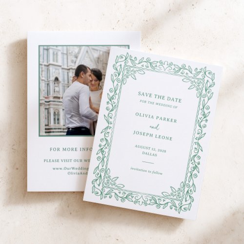 Sage Green Illustrated Garden Frame Save the Date Letterpress Photo Cards