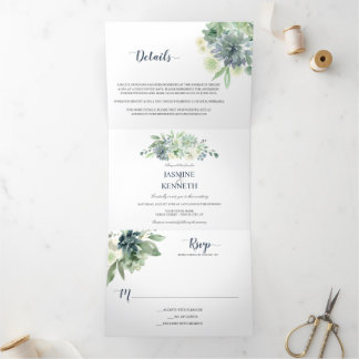 Sage Green Indigo Blue Succulents Wedding Tri-Fold Invitation