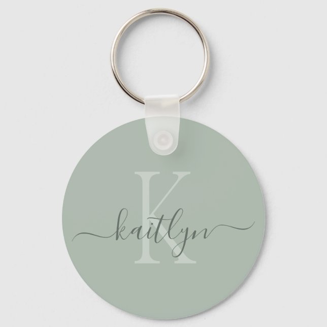 Sage Green Initial Name Monogrammed Keychain (Front)