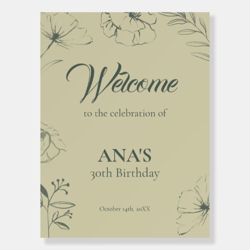 Sage Green Ink Floral 30th Birthday Welcome Foam Board