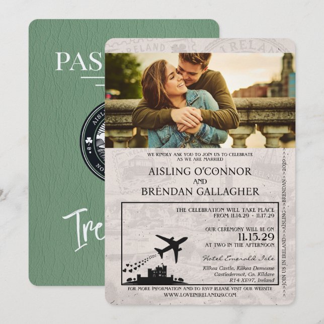 Sage Green Ireland Passport Wedding Invitation (Front/Back)