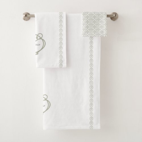 Sage Green Irish Celtic Swan Love Knot Family Name Bath Towel Set