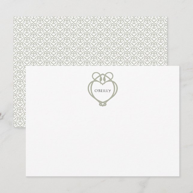 Sage Green Irish Celtic Swan Love Knot Family Name Note Card (Front/Back)
