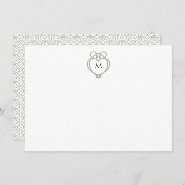 Sage Green Irish Celtic Swan Love Knot Monogram Note Card (Front/Back)