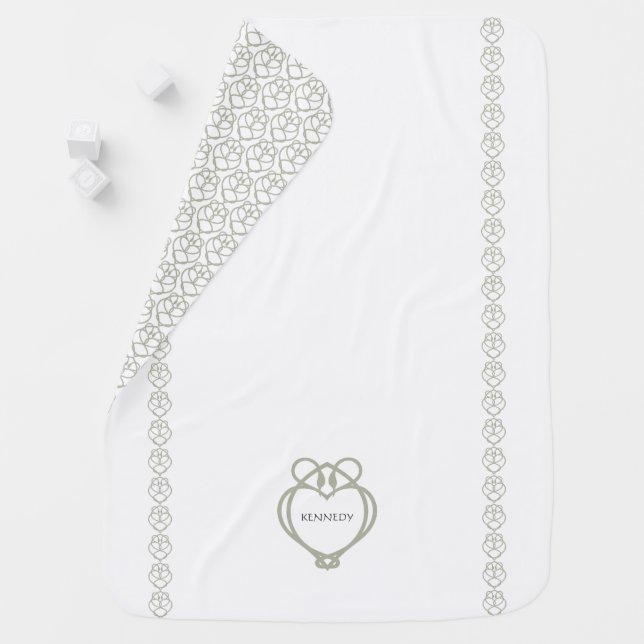 Sage Green Irish Celtic Swan Love Knot Name Baby Blanket (In Situ)