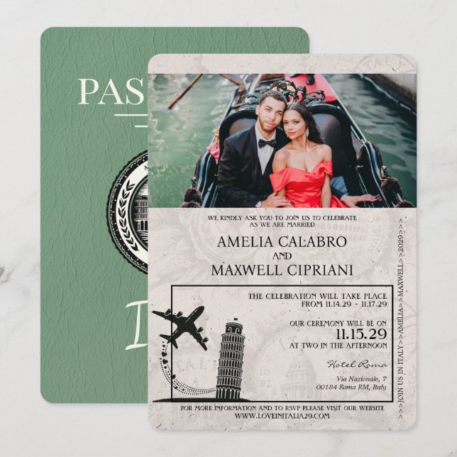 Sage Green Italy Passport Wedding Invitation (Front/Back)