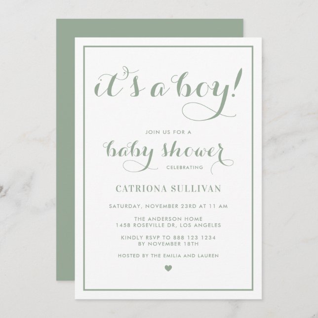 Sage Green It's a Boy Calligraphy Baby Shower Invitation (Front/Back)