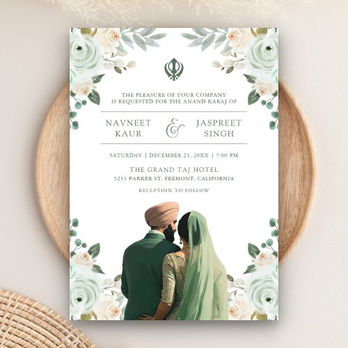 Sage Green Ivory Anand Karaj Indian Sikh Wedding Invitation