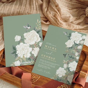 Sage Green Ivory Chinoiserie Flower Garden Wedding Invitation