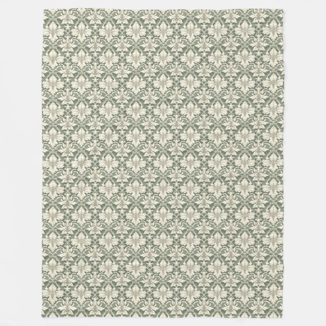 Sage Green & Ivory Damask Pattern Fleece Blanket (Front)