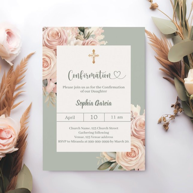 Sage green ivory dusty rose florals Confirmation Invitation (Creator Uploaded)