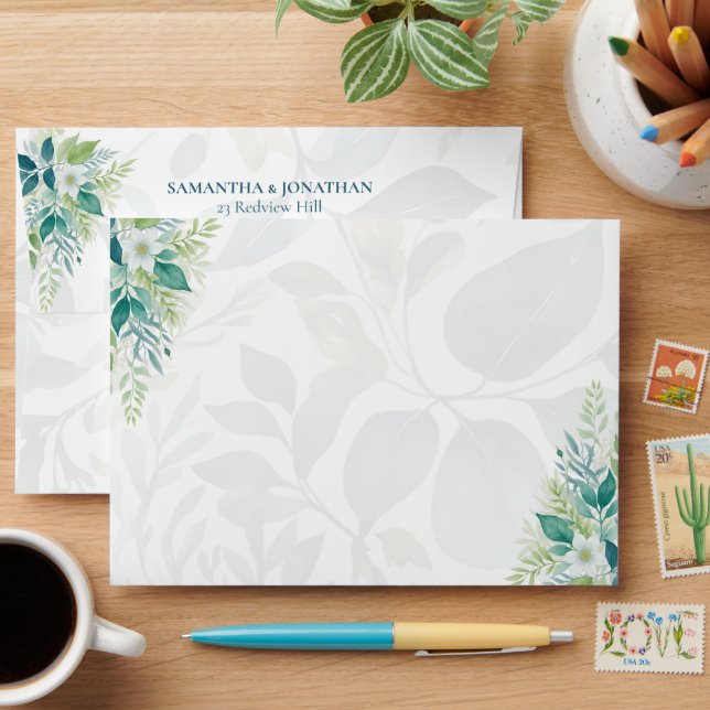 Sage Green Ivory Eucalyptus Foliage Wedding Envelope (Desk)
