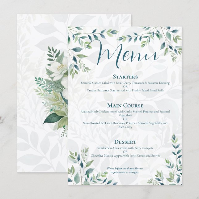 Sage Green Ivory Eucalyptus Wedding Menu Card (Front/Back)