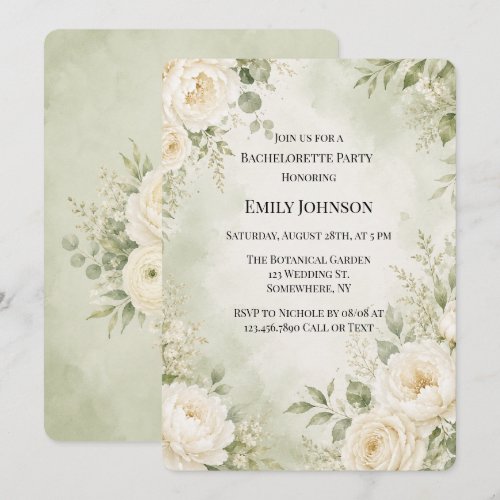 Sage Green Ivory Floral Bachelorette Party Invitation
