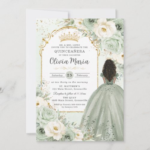 Sage Green Ivory Floral Brown Girl Quinceañera 