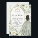 Sage Green Ivory Floral Brown Girl Quinceañera  Invitation<br><div class="desc">Personalize this elegant sage green and ivory white floral Quinceañera / Sweet 16 birthday invitation easily and quickly. Simply click the Edit Using Design Tools button to further edit the texts, change fonts and fonts colors. Featuring soft watercolor sage green and ivory white flowers, a brown curly haired girl dressed...</div>